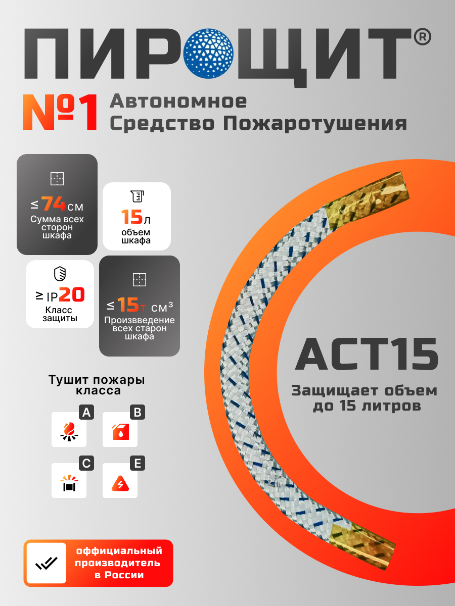 ПироЩит® АСТ 15, Автономное Средство Тушения, технология FIPRON® (ФИПРОН) уже не ПИРОСТИКЕР! Автономно тушит пожар в электрощите объёмом до 15 литров. Предназначен для электрощита, у которого сумма всех сторон ≤ 74 см (Высота + Глубина + Ширина), IP20. — изображение 3